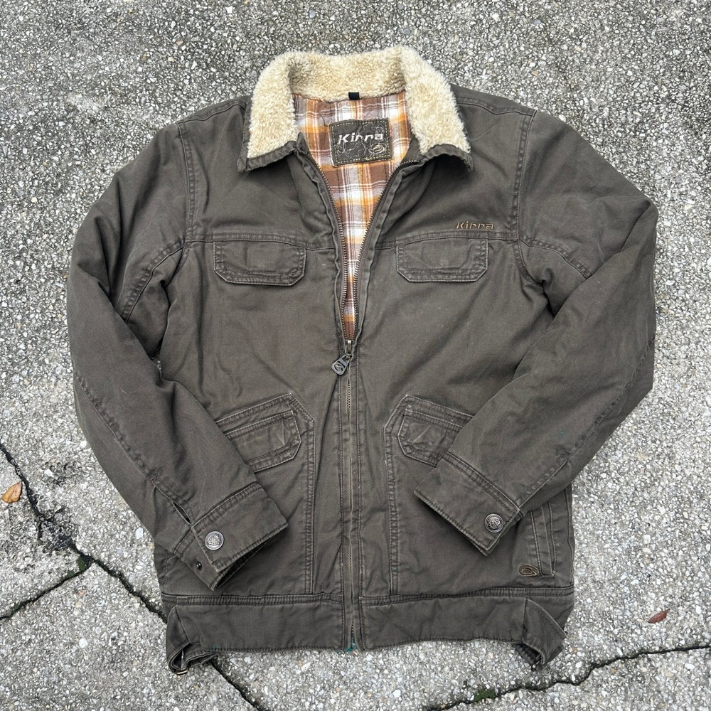 Kirra Mens Canvas Workwear Jacket Brown Faux Shearling Plaid Lined Small